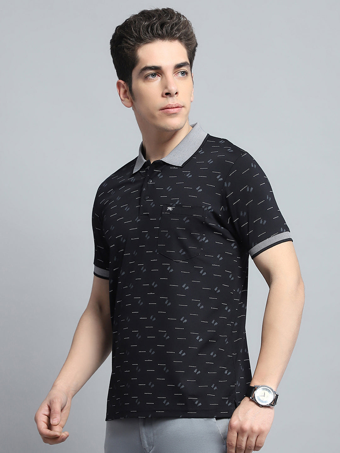 Men Black Printed Collar Half Sleeve T-Shirt