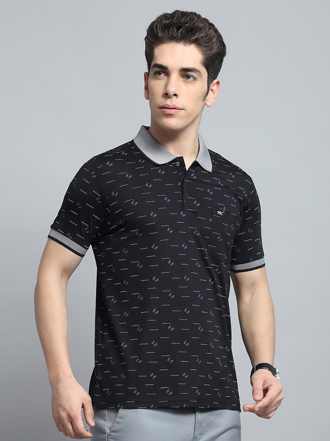 Men Black Printed Collar Half Sleeve T-Shirt