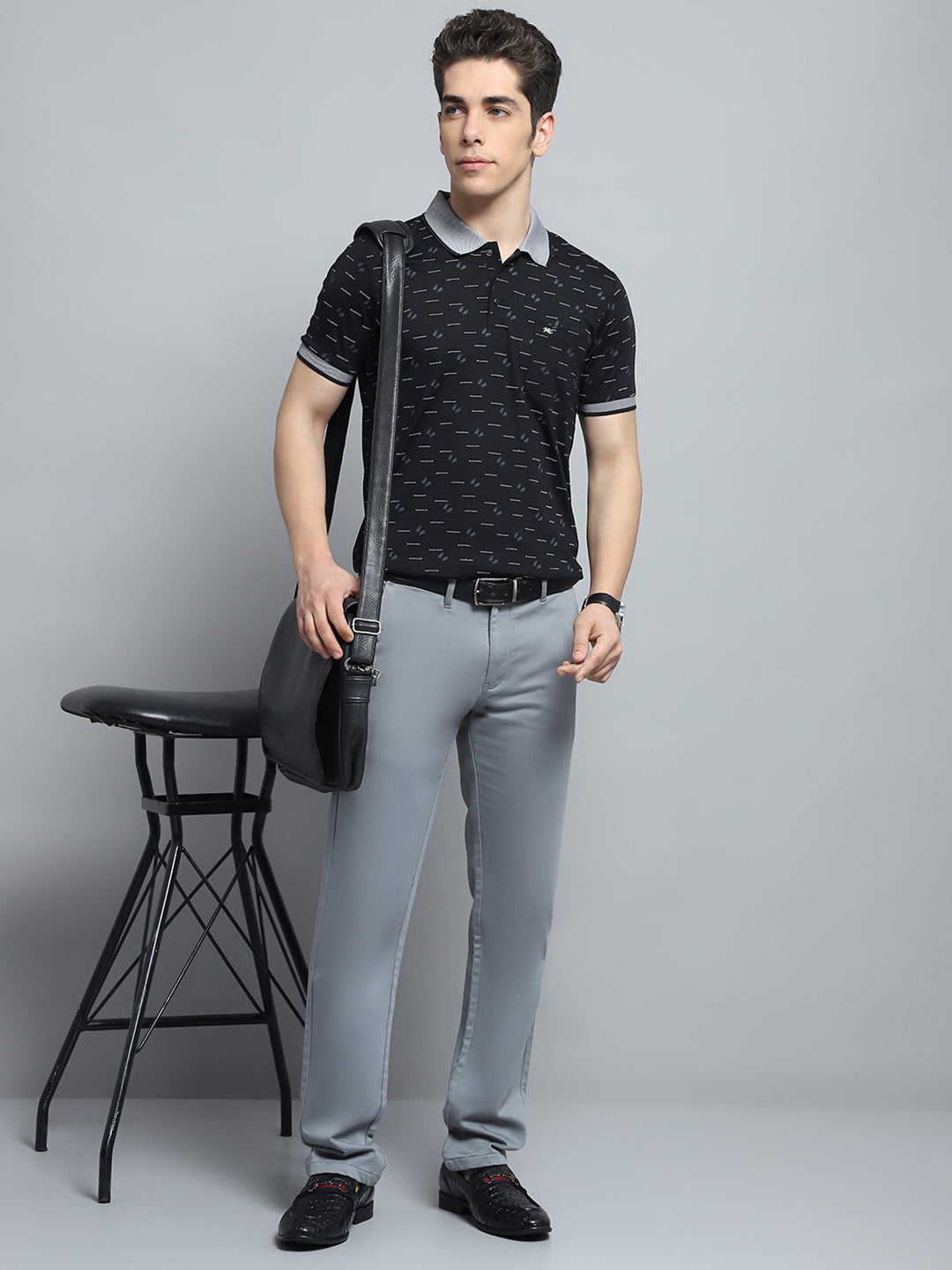 Men Black Printed Collar Half Sleeve T-Shirt