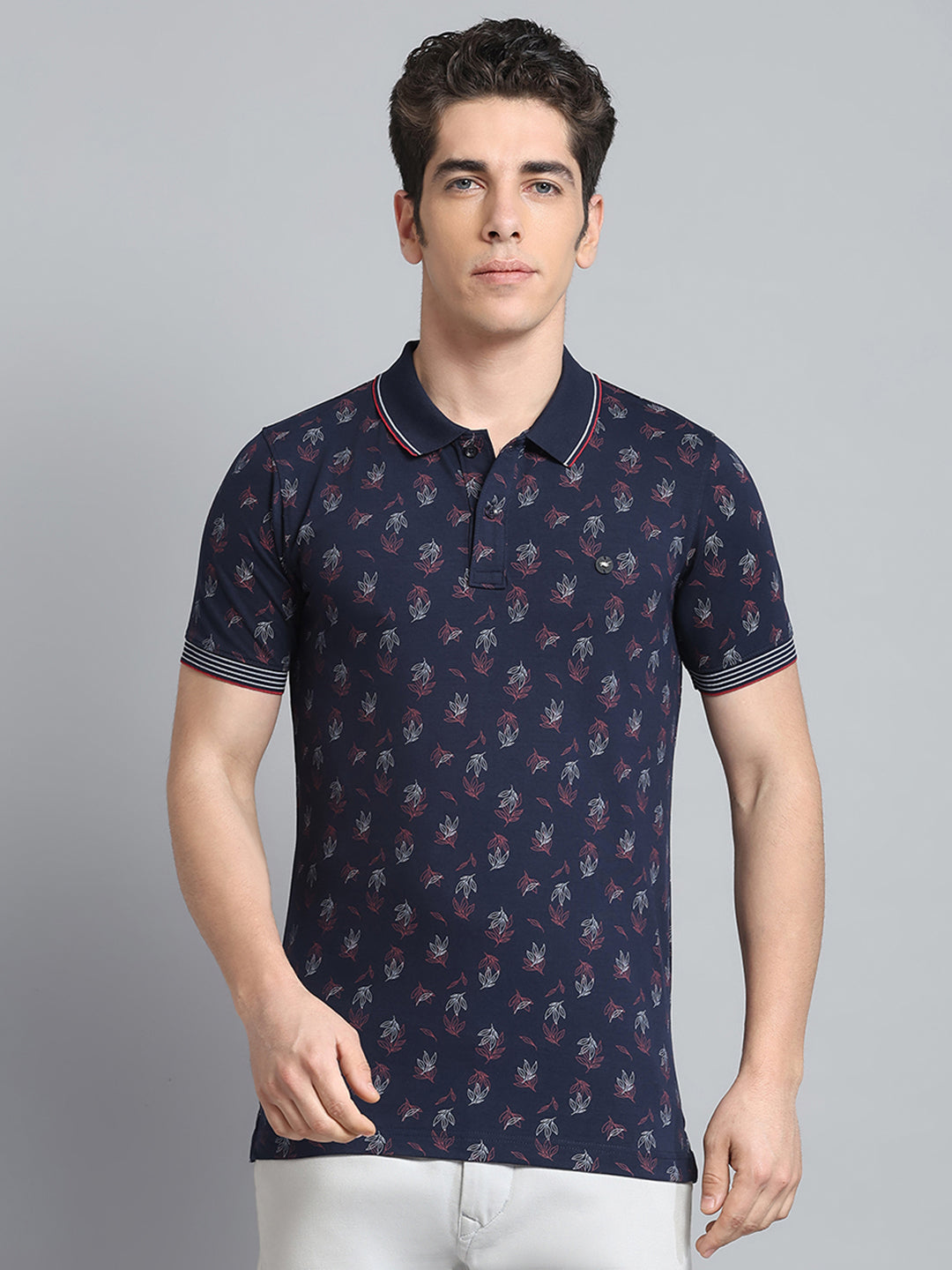 Men Navy Blue Printed Collar Half Sleeve T-Shirt