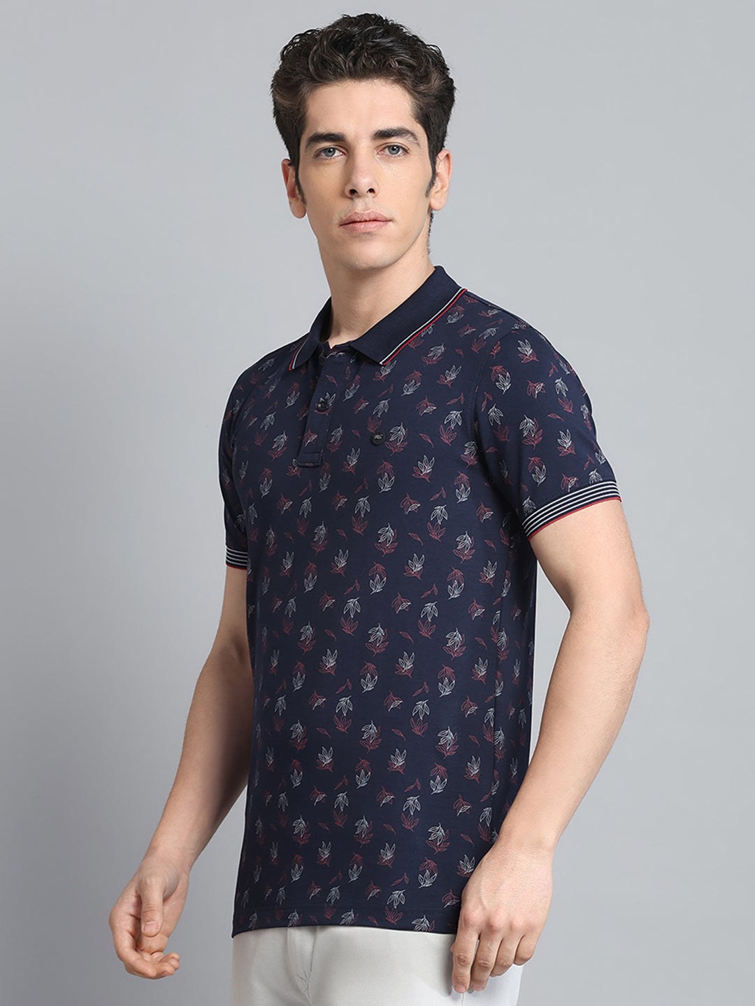 Men Navy Blue Printed Collar Half Sleeve T-Shirt