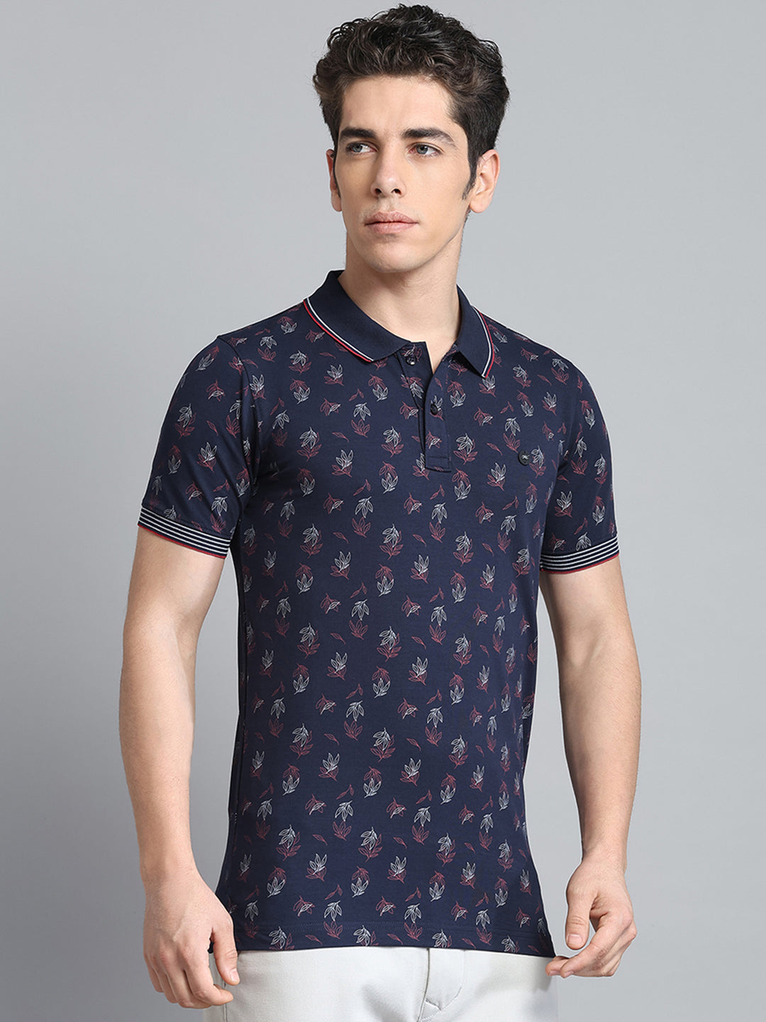 Men Navy Blue Printed Collar Half Sleeve T-Shirt