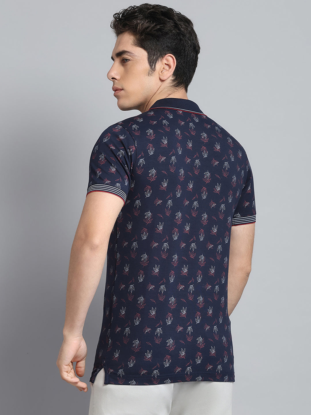 Men Navy Blue Printed Collar Half Sleeve T-Shirt