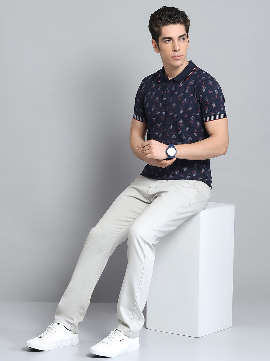 Men Navy Blue Printed Collar Half Sleeve T-Shirt