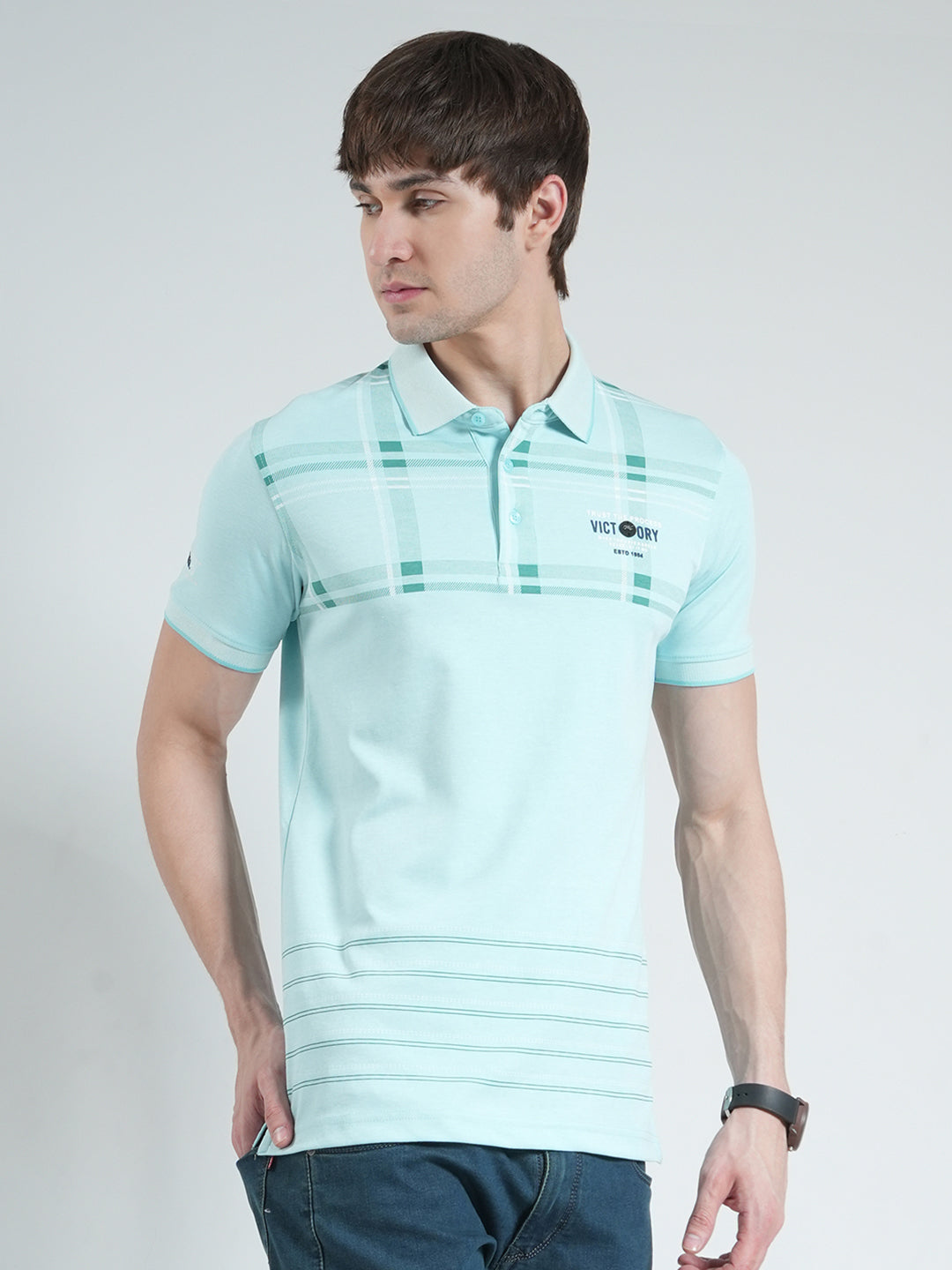 Men Blue Printed Collar Half Sleeve T-Shirt