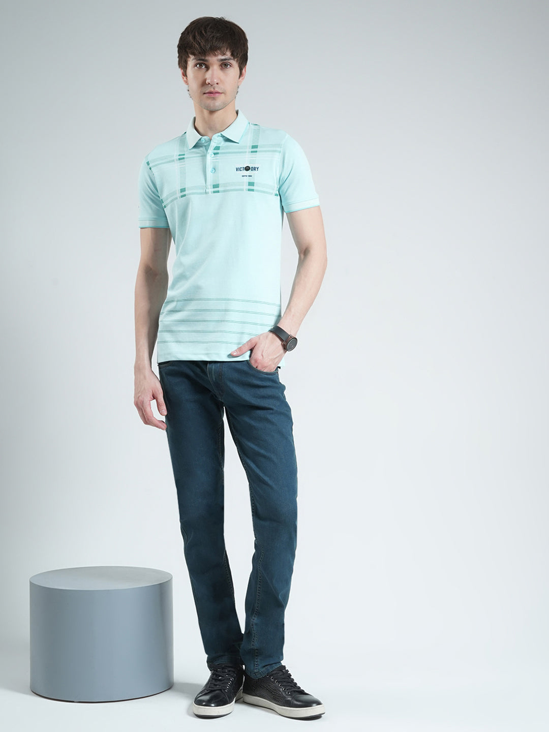 Men Blue Printed Collar Half Sleeve T-Shirt