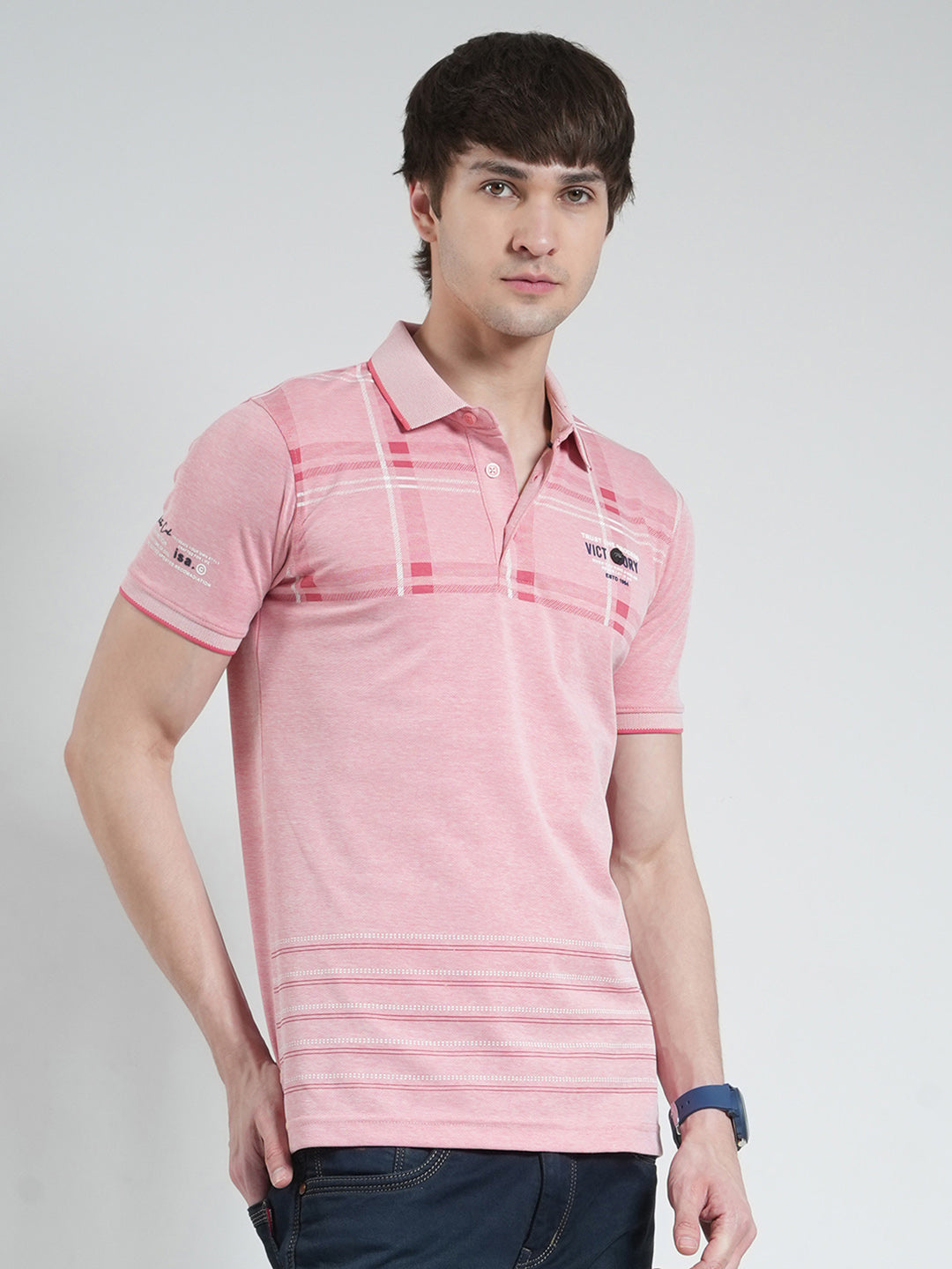 Men Pink Printed Collar Half Sleeve T-Shirt