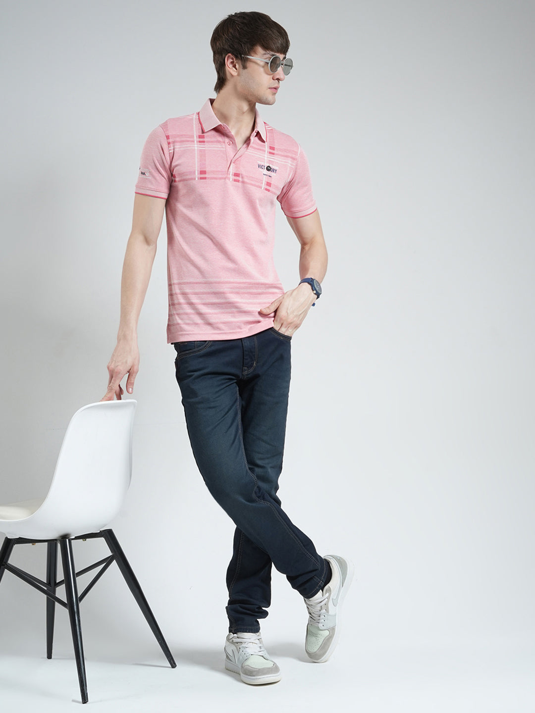 Men Pink Printed Collar Half Sleeve T-Shirt