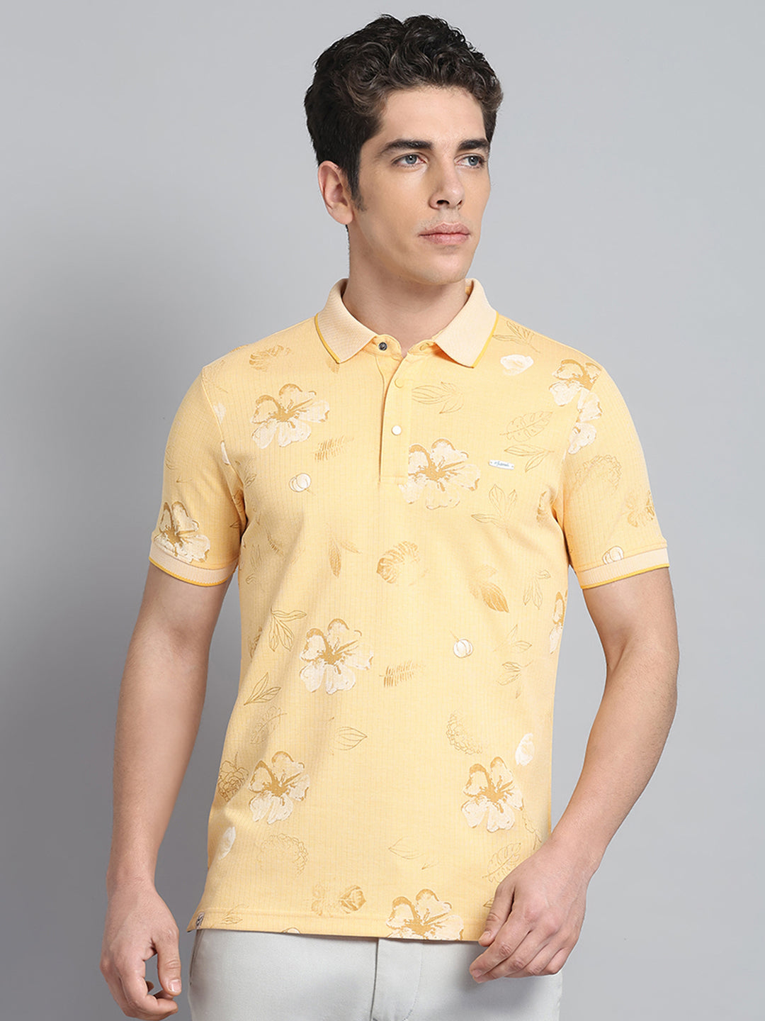 Men Yellow Printed Collar Half Sleeve T-Shirt