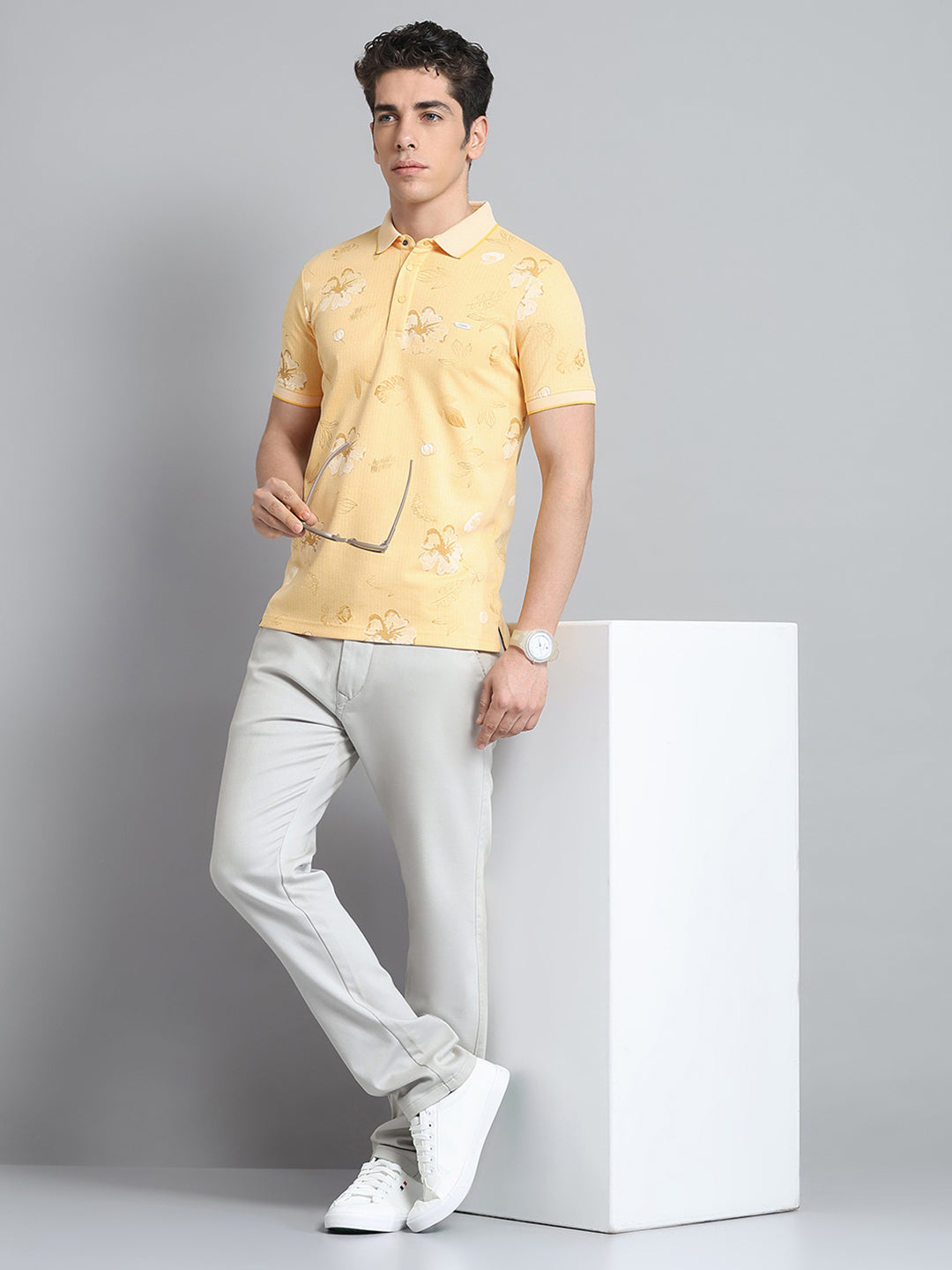 Men Yellow Printed Collar Half Sleeve T-Shirt