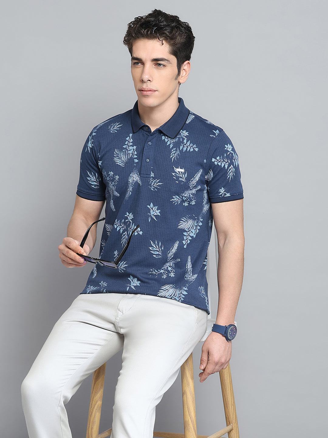 Men Blue Printed Collar Half Sleeve T-Shirt