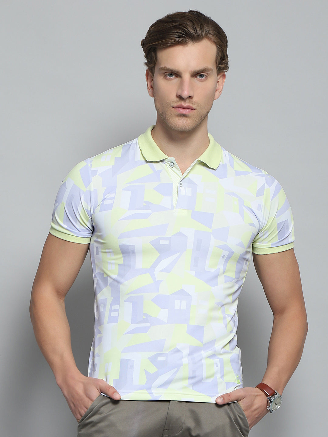 Men Green Printed Collar Half Sleeve T-Shirt