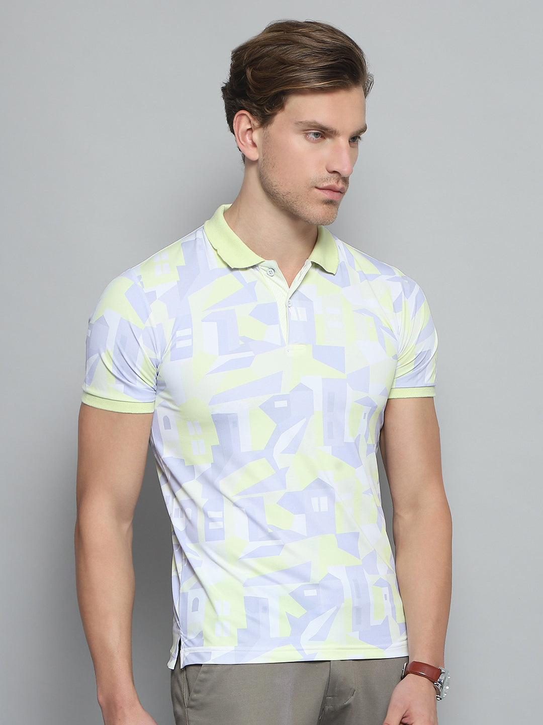 Men Green Printed Collar Half Sleeve T-Shirt