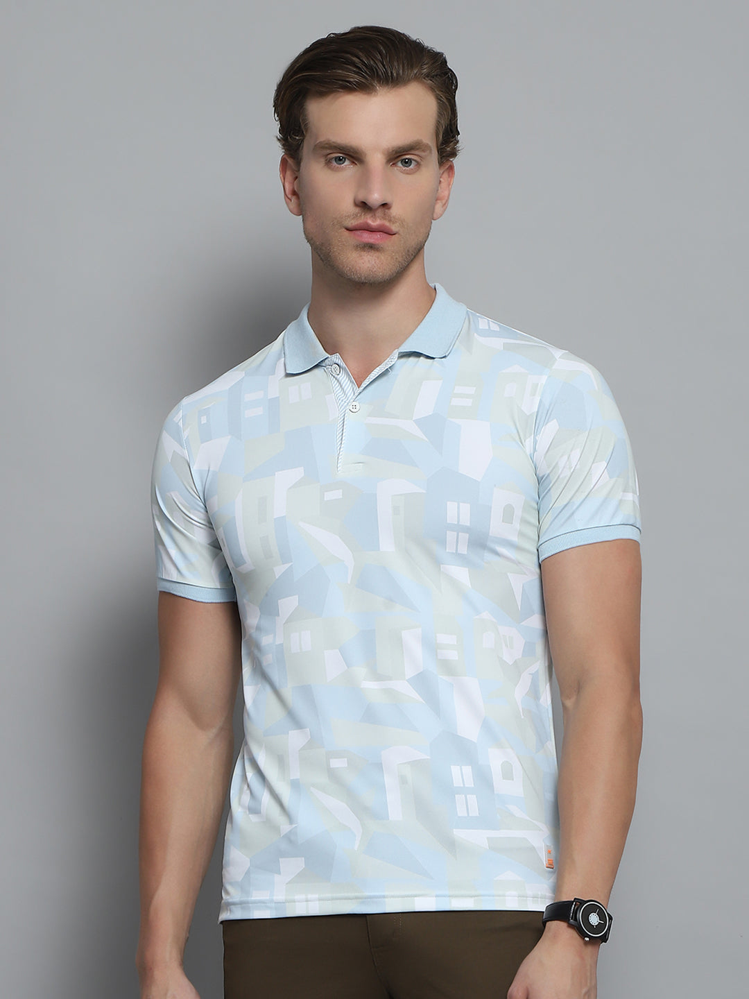 Men Blue Printed Collar Half Sleeve T-Shirt