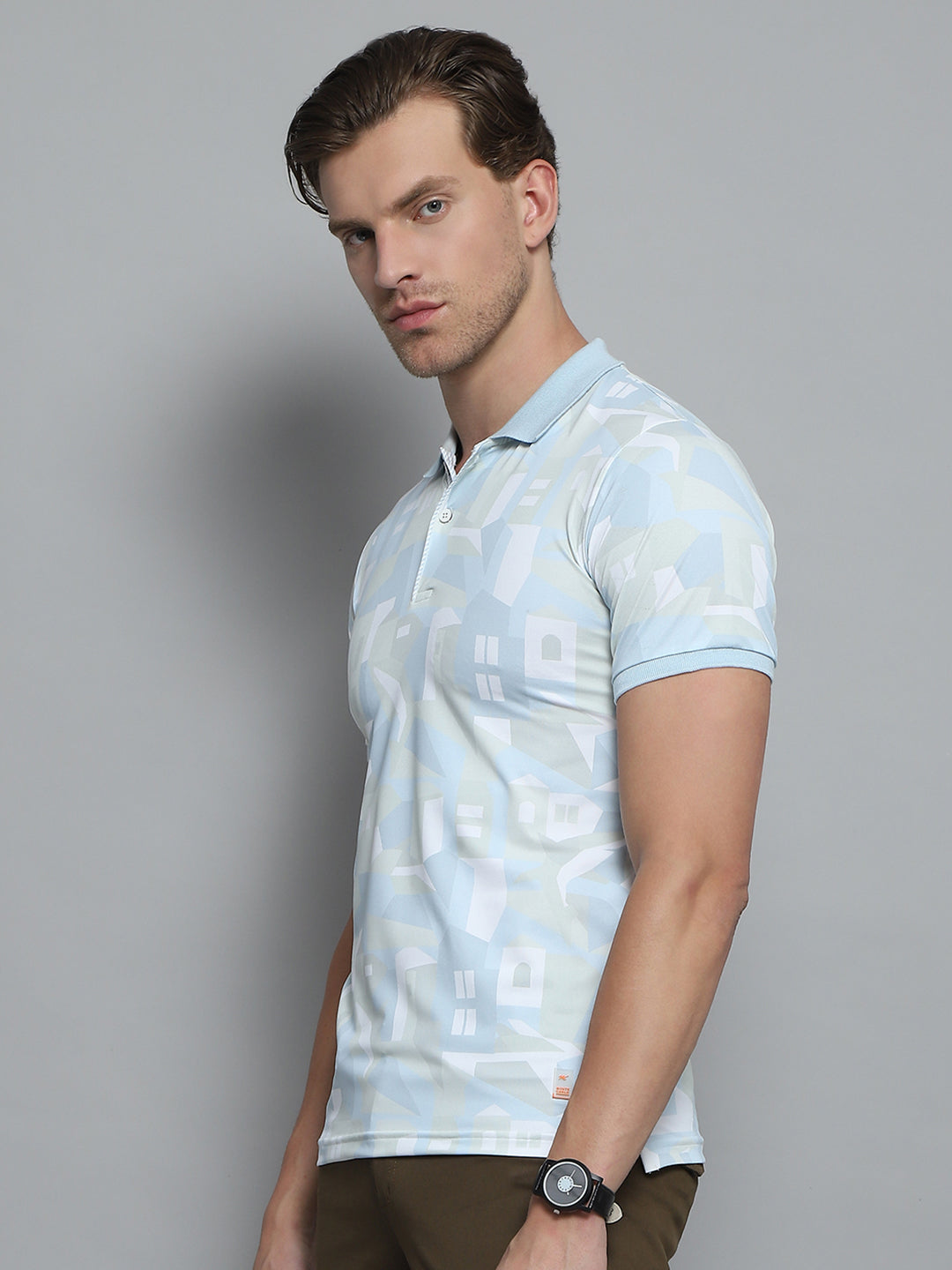Men Blue Printed Collar Half Sleeve T-Shirt