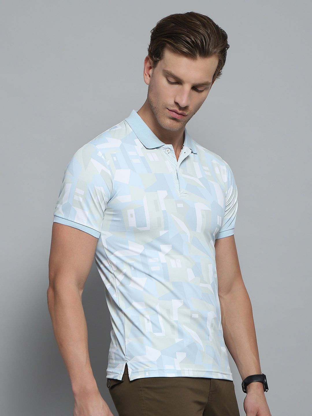 Men Blue Printed Collar Half Sleeve T-Shirt