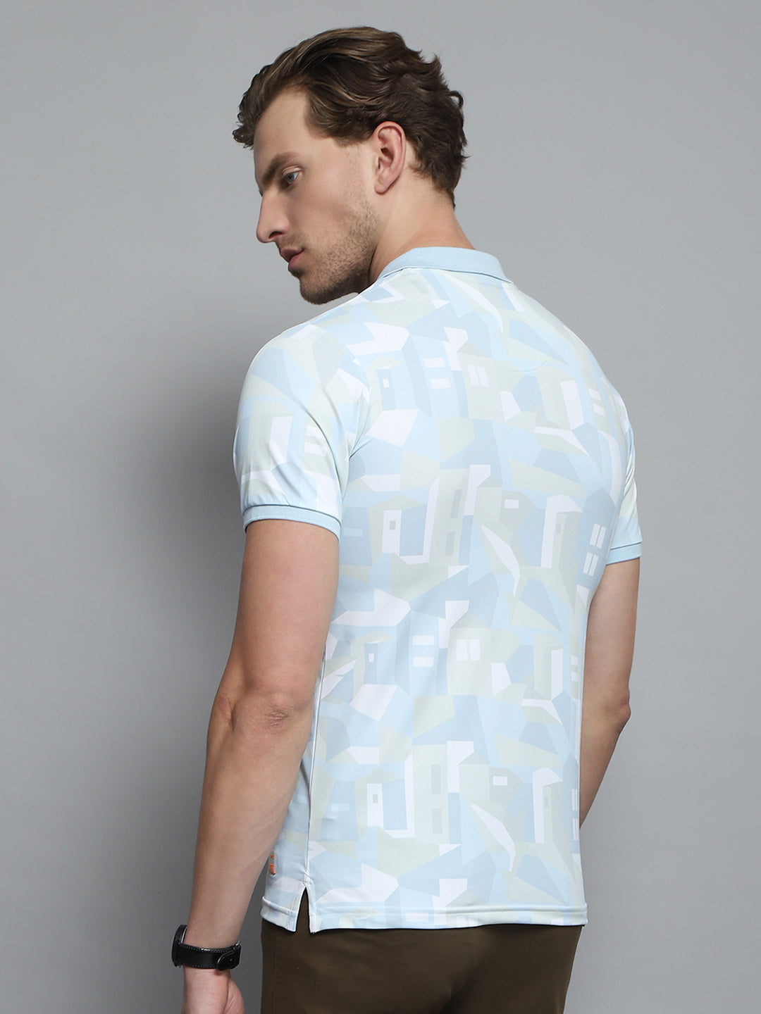 Men Blue Printed Collar Half Sleeve T-Shirt