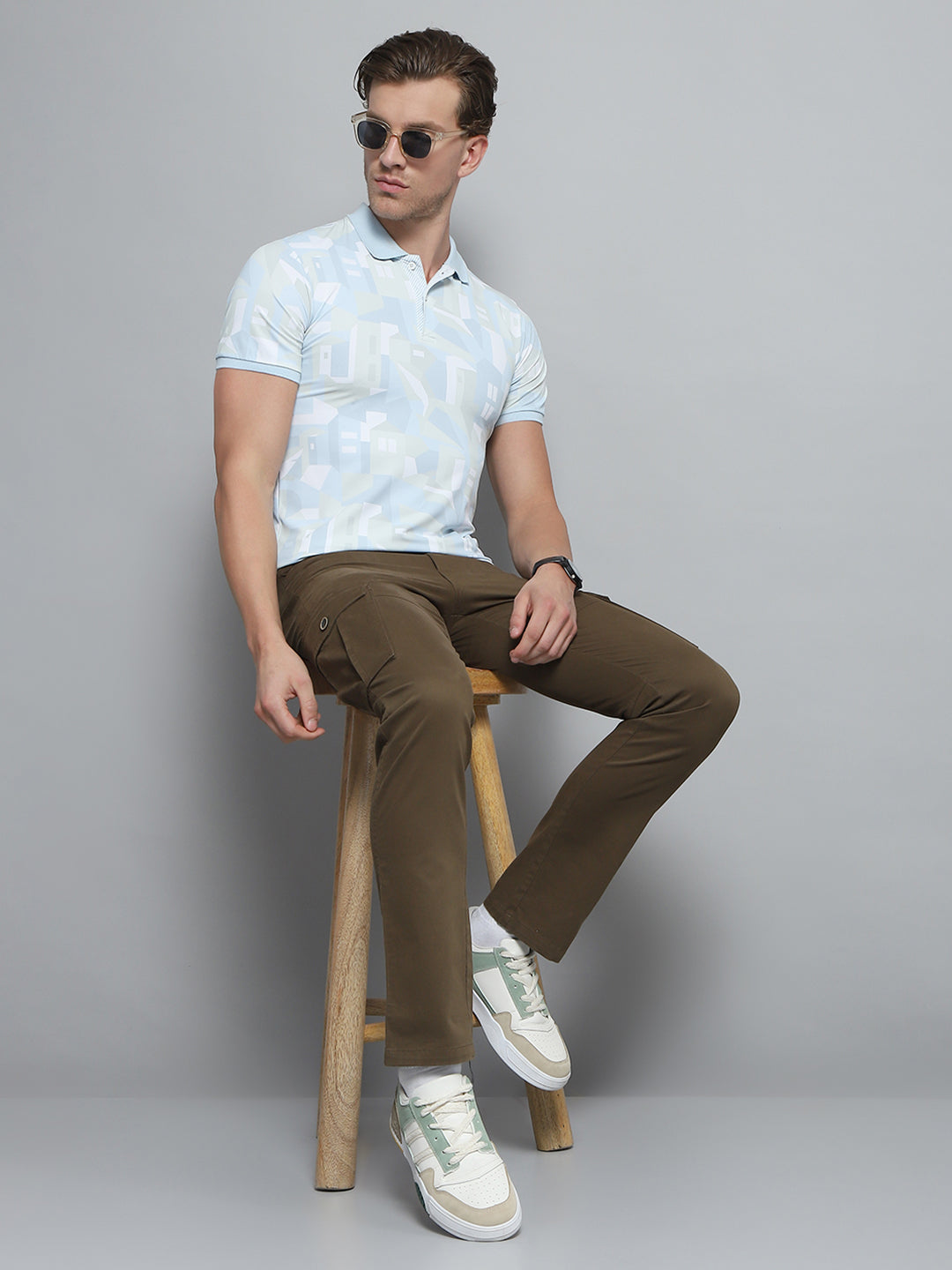 Men Blue Printed Collar Half Sleeve T-Shirt