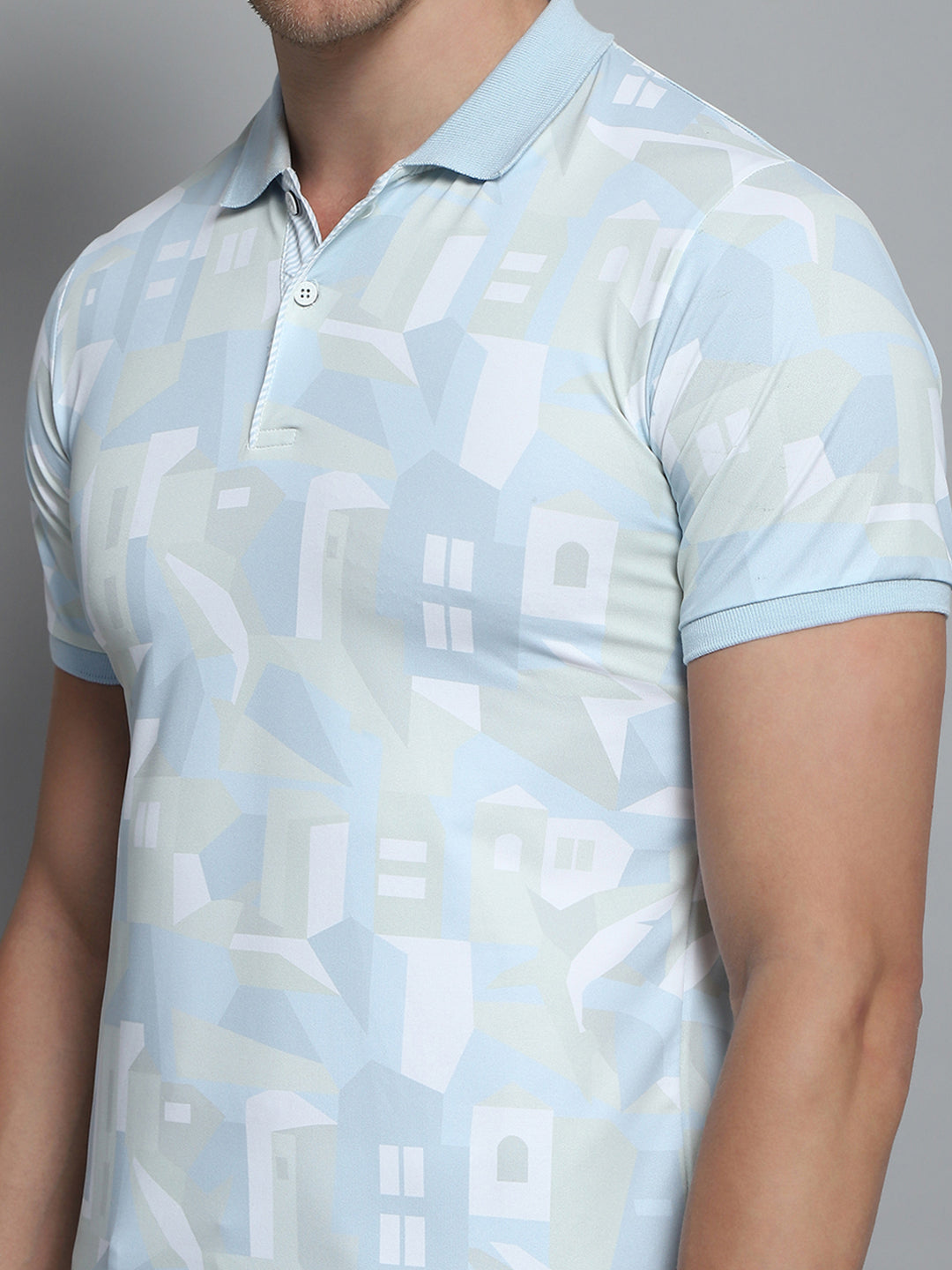 Men Blue Printed Collar Half Sleeve T-Shirt