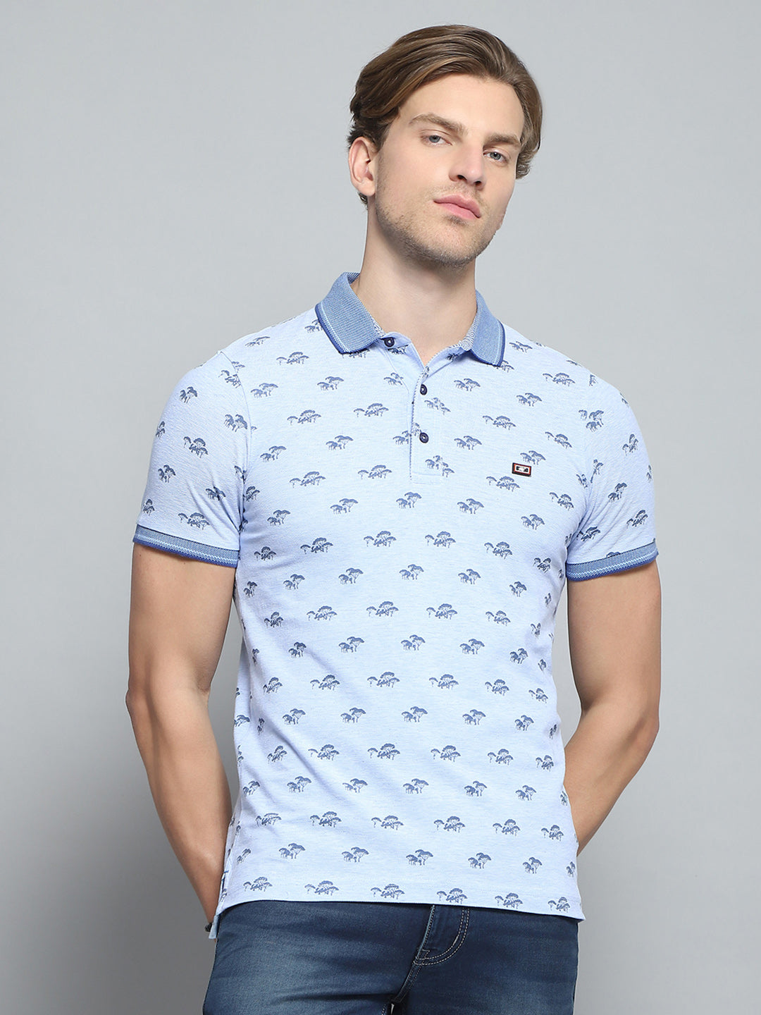 Men Blue Printed Collar Half Sleeve T-Shirt
