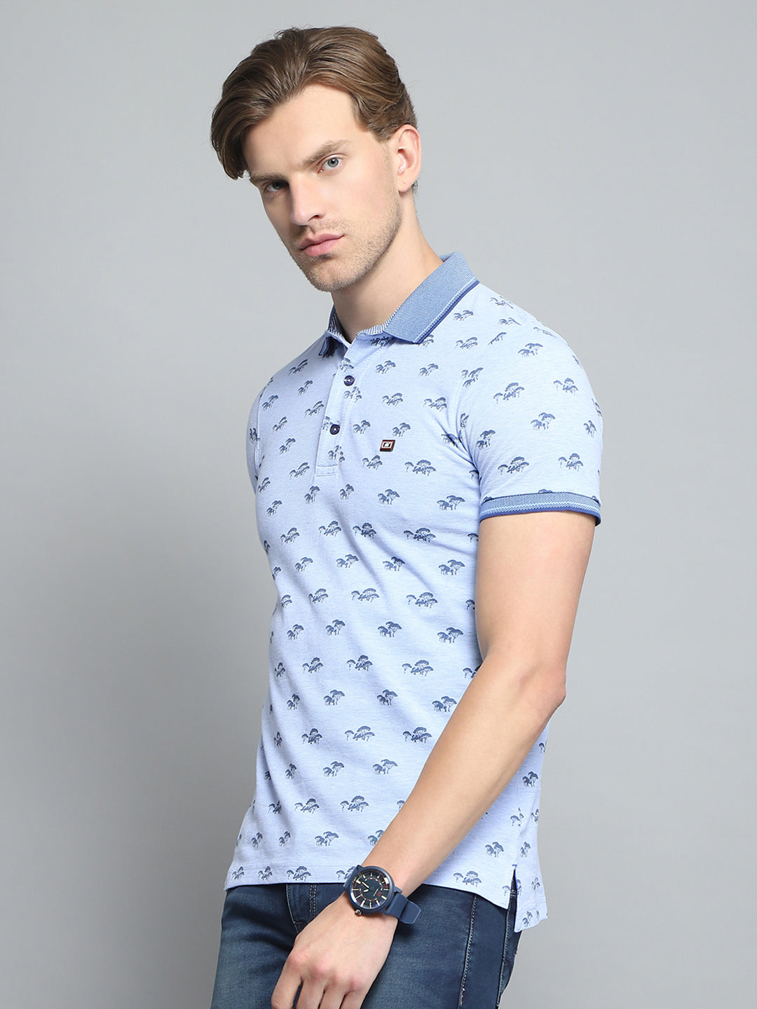 Men Blue Printed Collar Half Sleeve T-Shirt