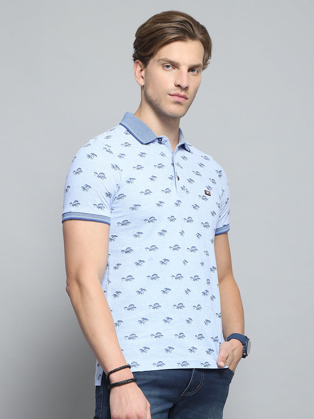 Men Blue Printed Collar Half Sleeve T-Shirt