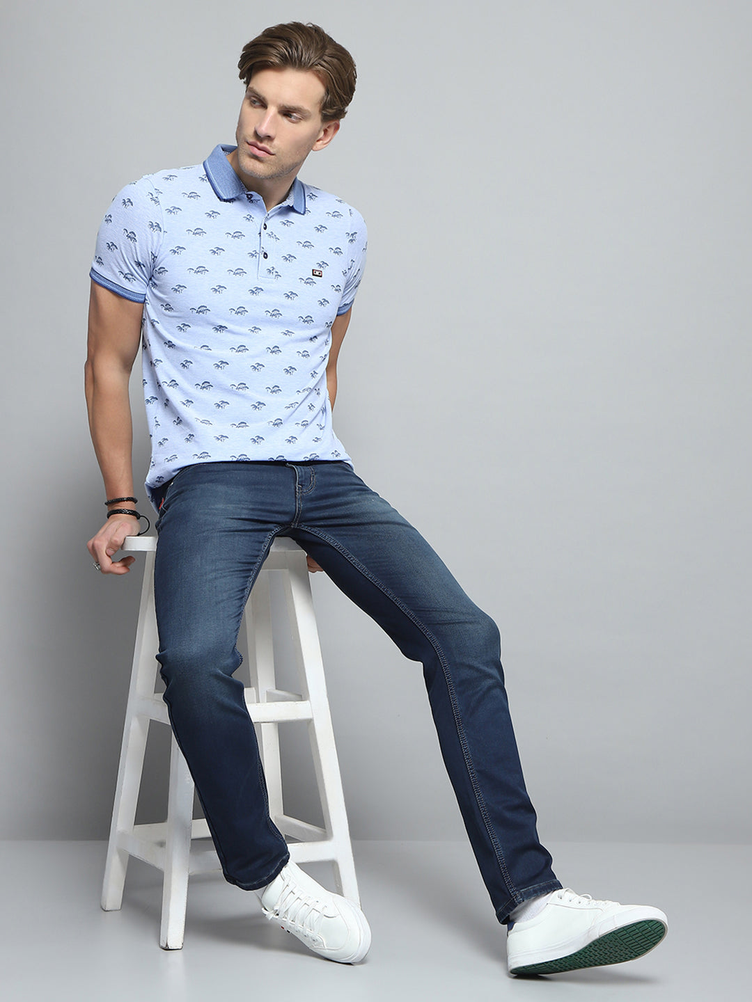 Men Blue Printed Collar Half Sleeve T-Shirt
