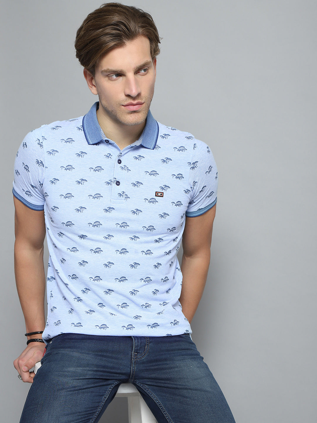 Men Blue Printed Collar Half Sleeve T-Shirt