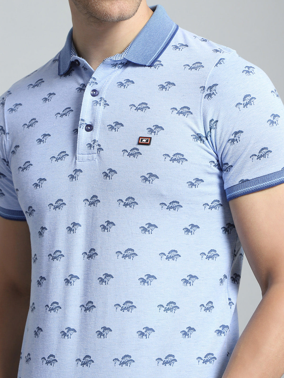 Men Blue Printed Collar Half Sleeve T-Shirt