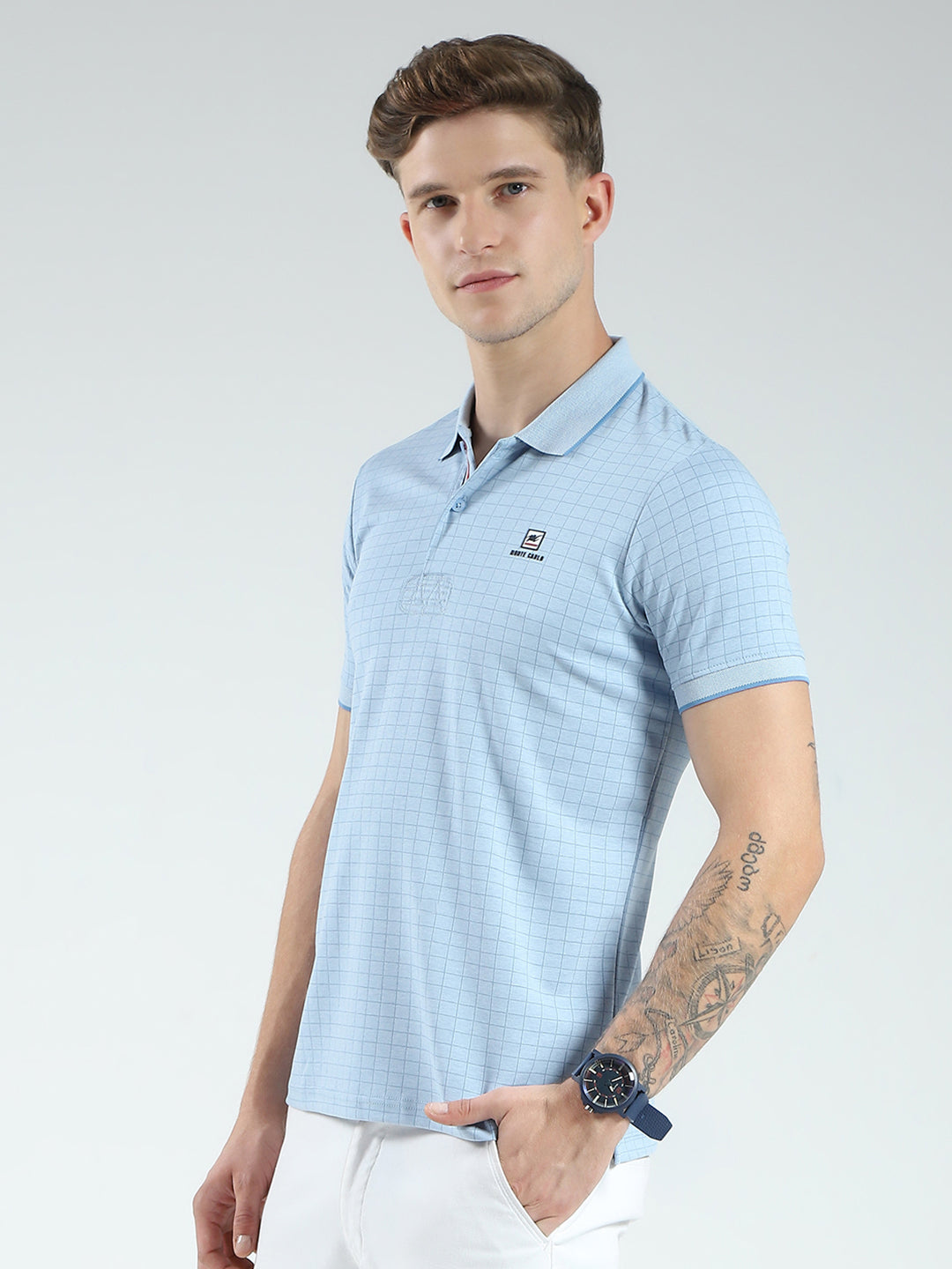 Men Blue Stripe Collar Half Sleeve T-Shirt