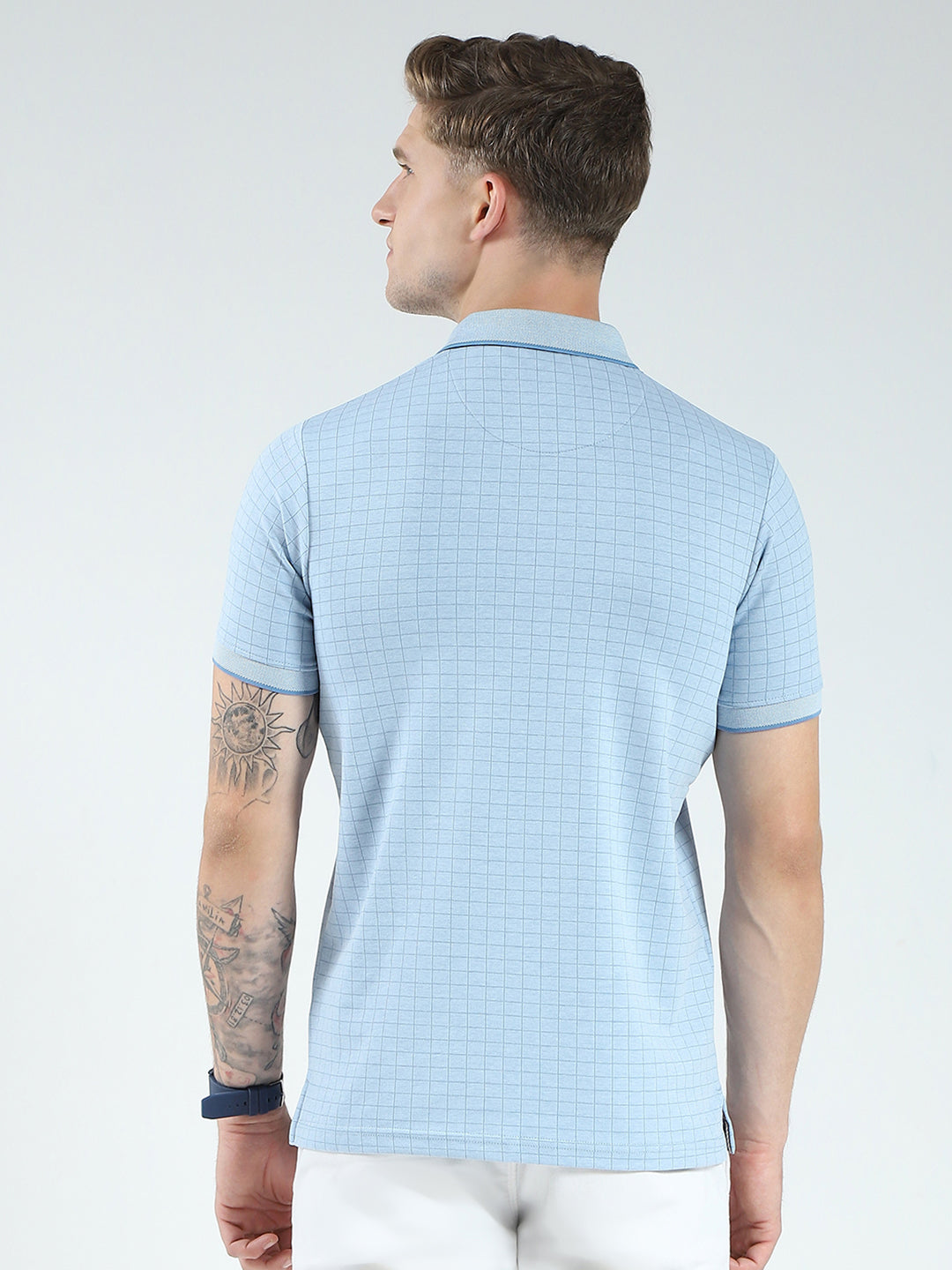 Men Blue Stripe Collar Half Sleeve T-Shirt