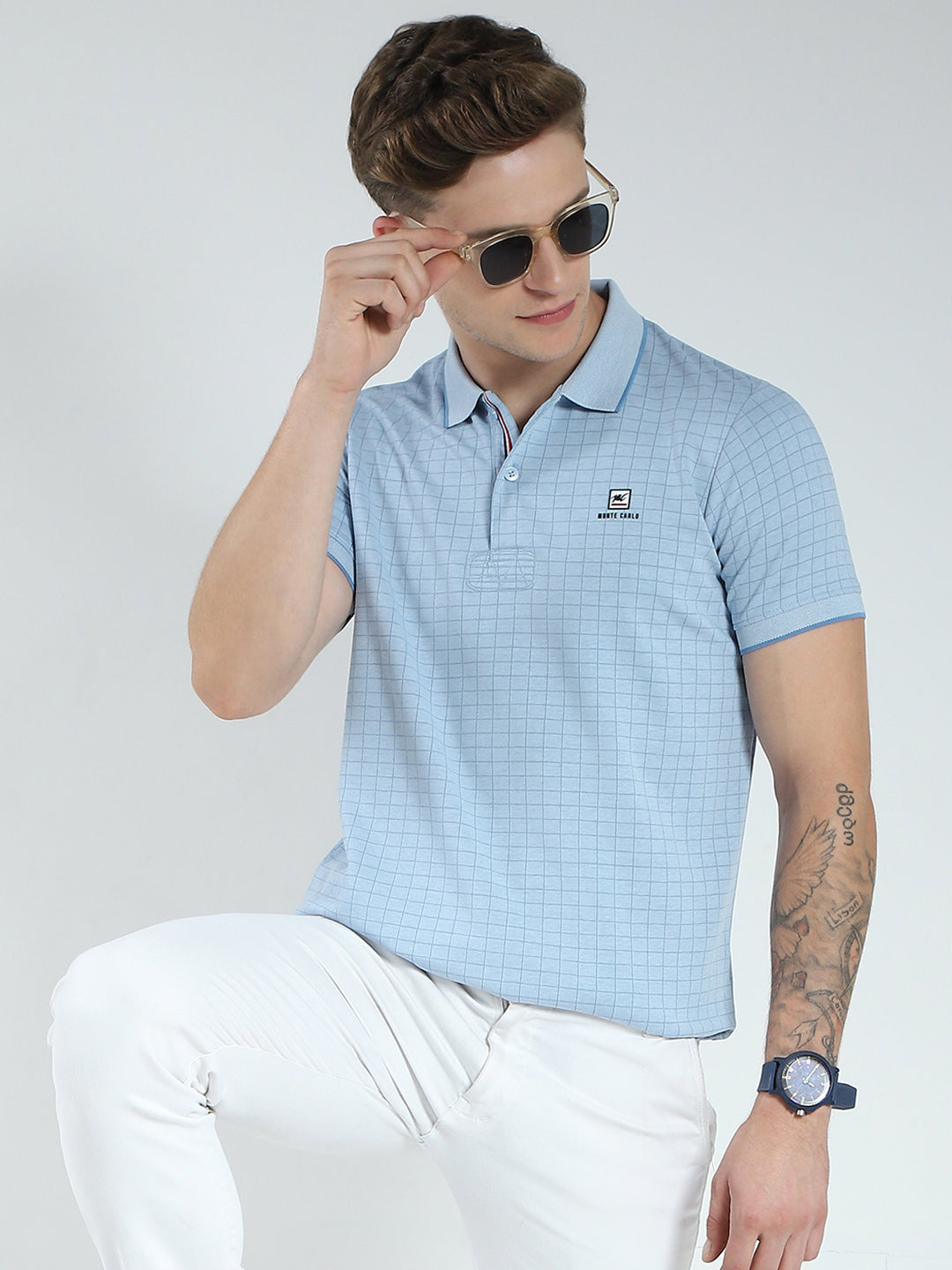 Men Blue Stripe Collar Half Sleeve T-Shirt