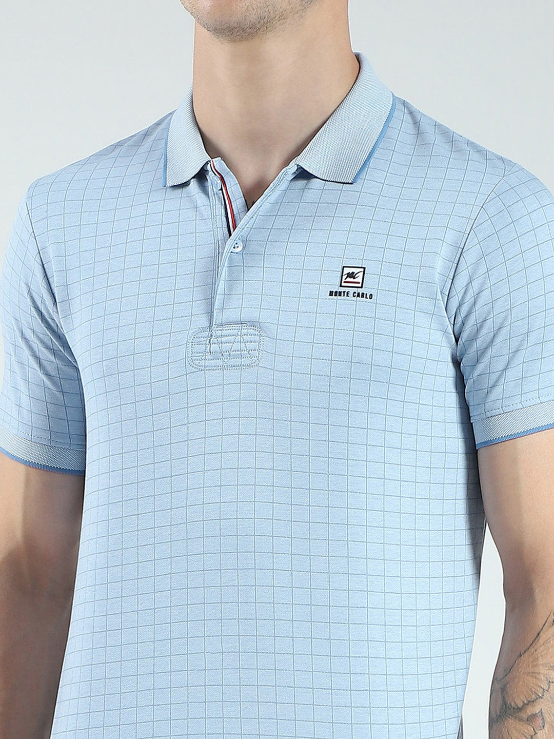 Men Blue Stripe Collar Half Sleeve T-Shirt