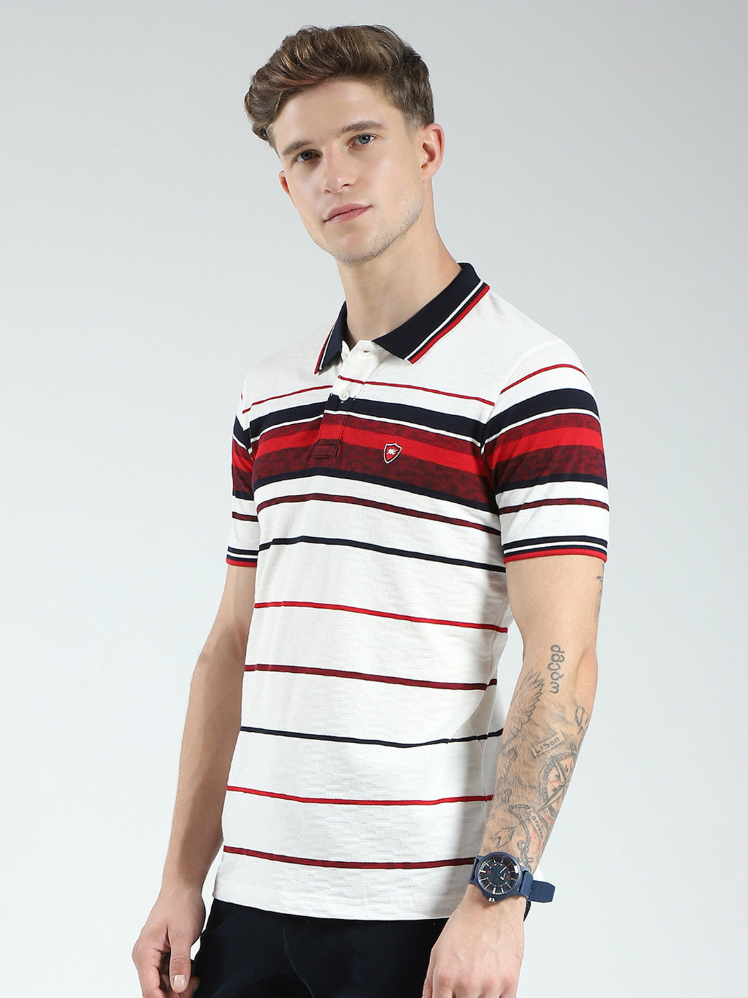 Men White & Red Stripe Collar Half Sleeve T-Shirt