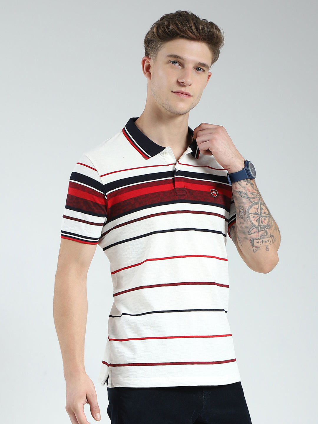 Men White & Red Stripe Collar Half Sleeve T-Shirt