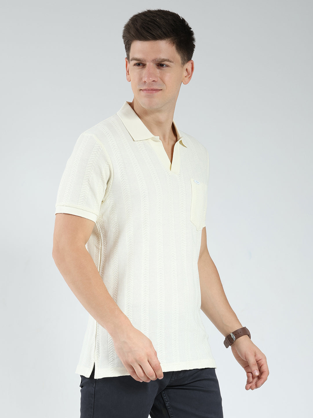 Men Off White Self Design Collar Half Sleeve T-Shirt