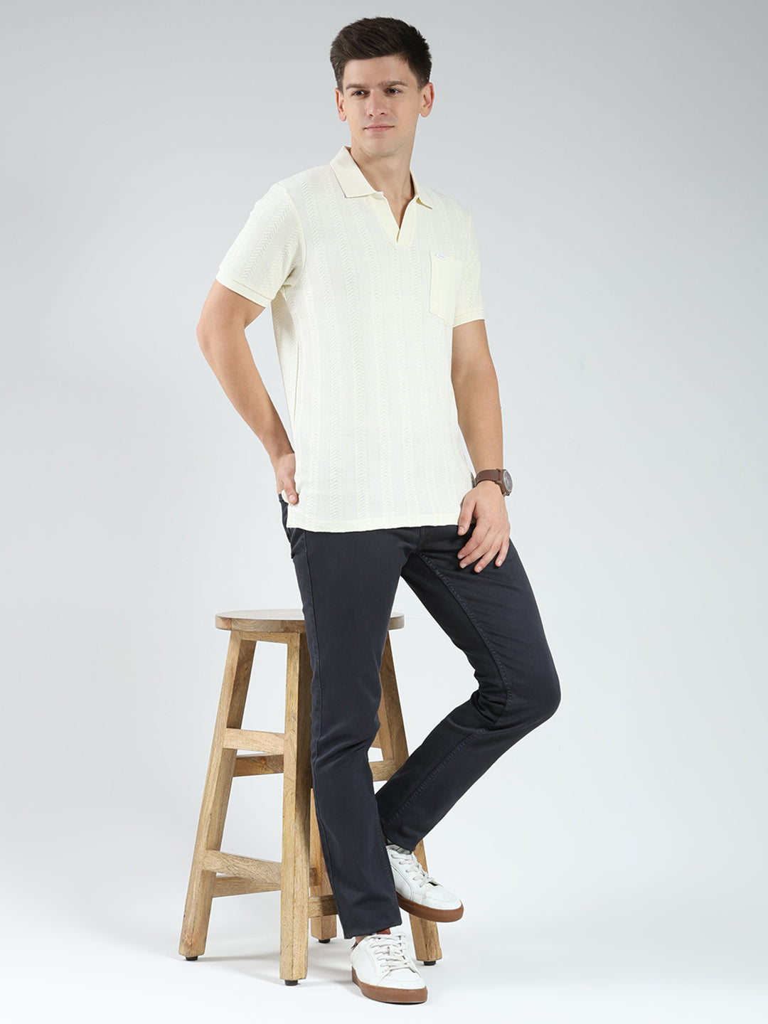 Men Off White Self Design Collar Half Sleeve T-Shirt