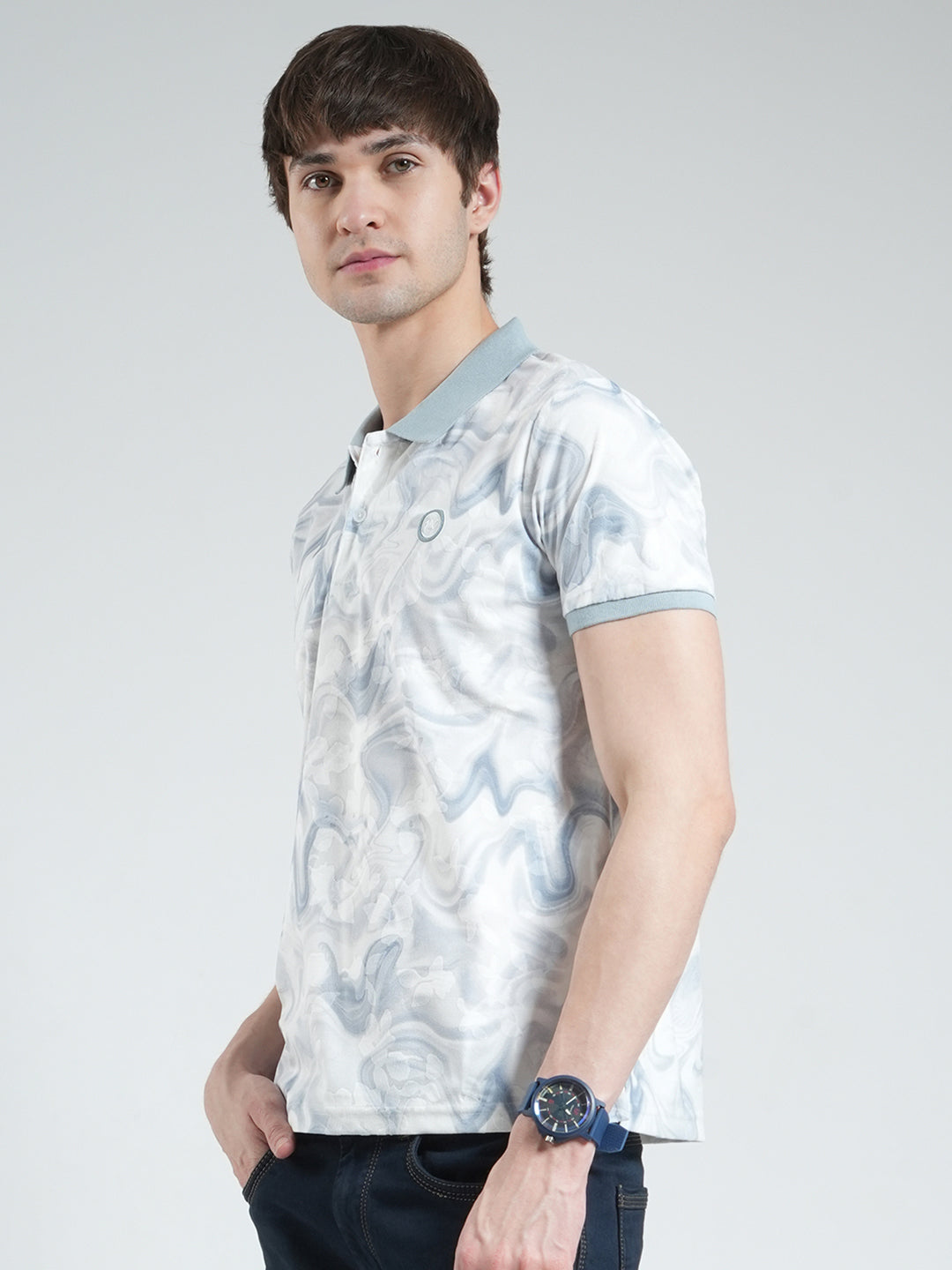 Men Blue Printed Collar Half Sleeve T-Shirt