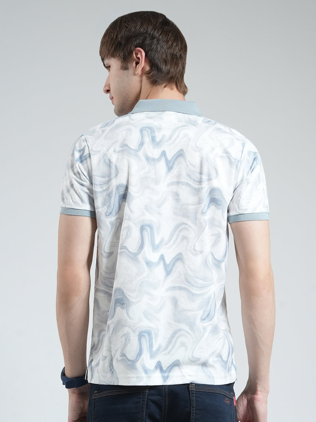 Men Blue Printed Collar Half Sleeve T-Shirt