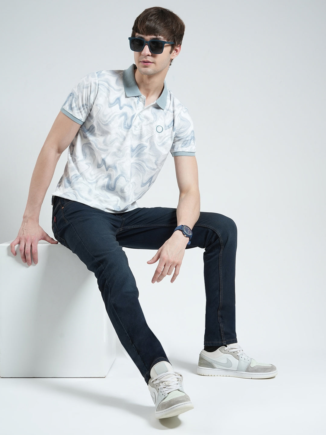 Men Blue Printed Collar Half Sleeve T-Shirt