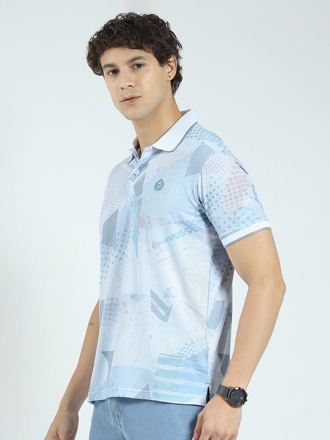 Men Blue Printed Collar Half Sleeve T-Shirt