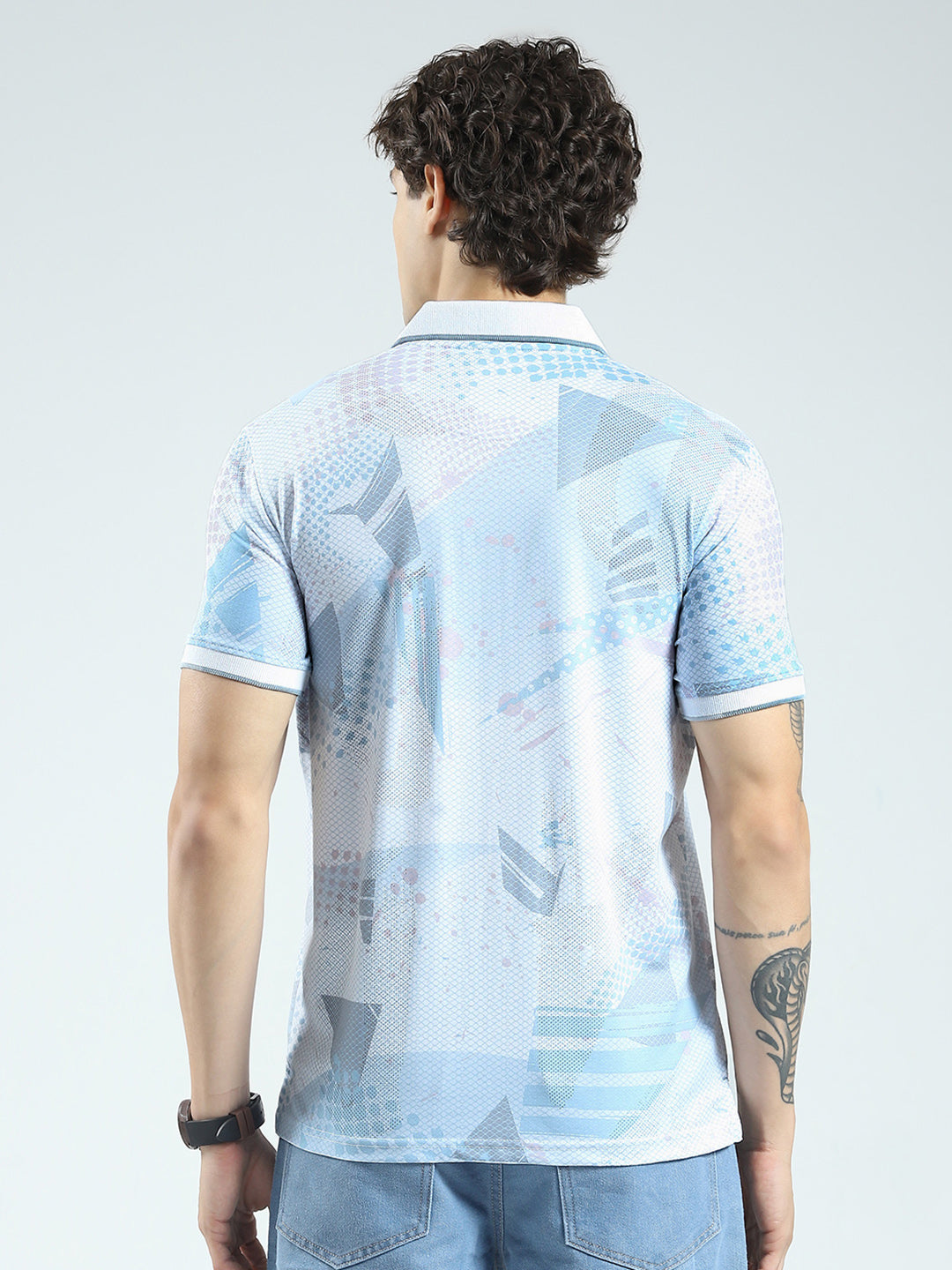 Men Blue Printed Collar Half Sleeve T-Shirt