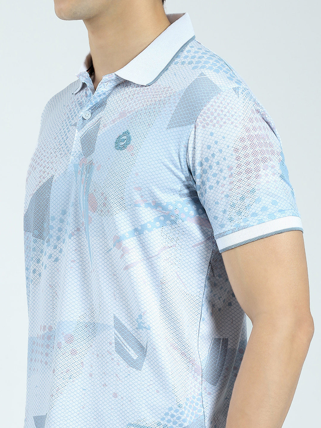 Men Blue Printed Collar Half Sleeve T-Shirt