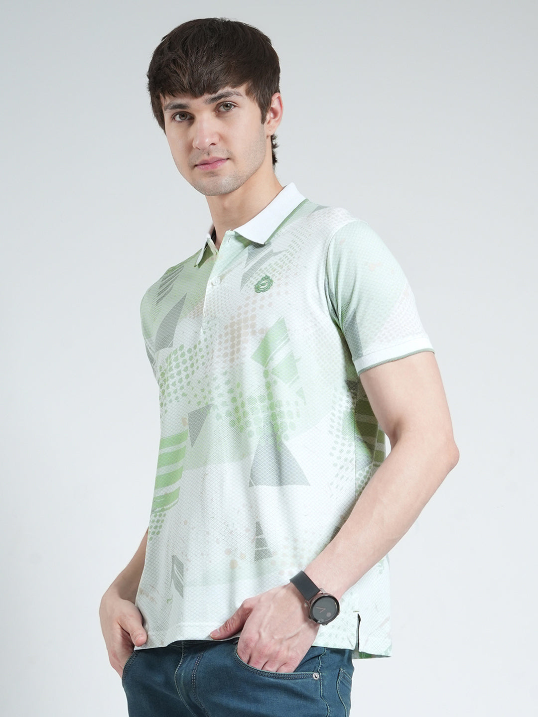 Men Green Printed Collar Half Sleeve T-Shirt