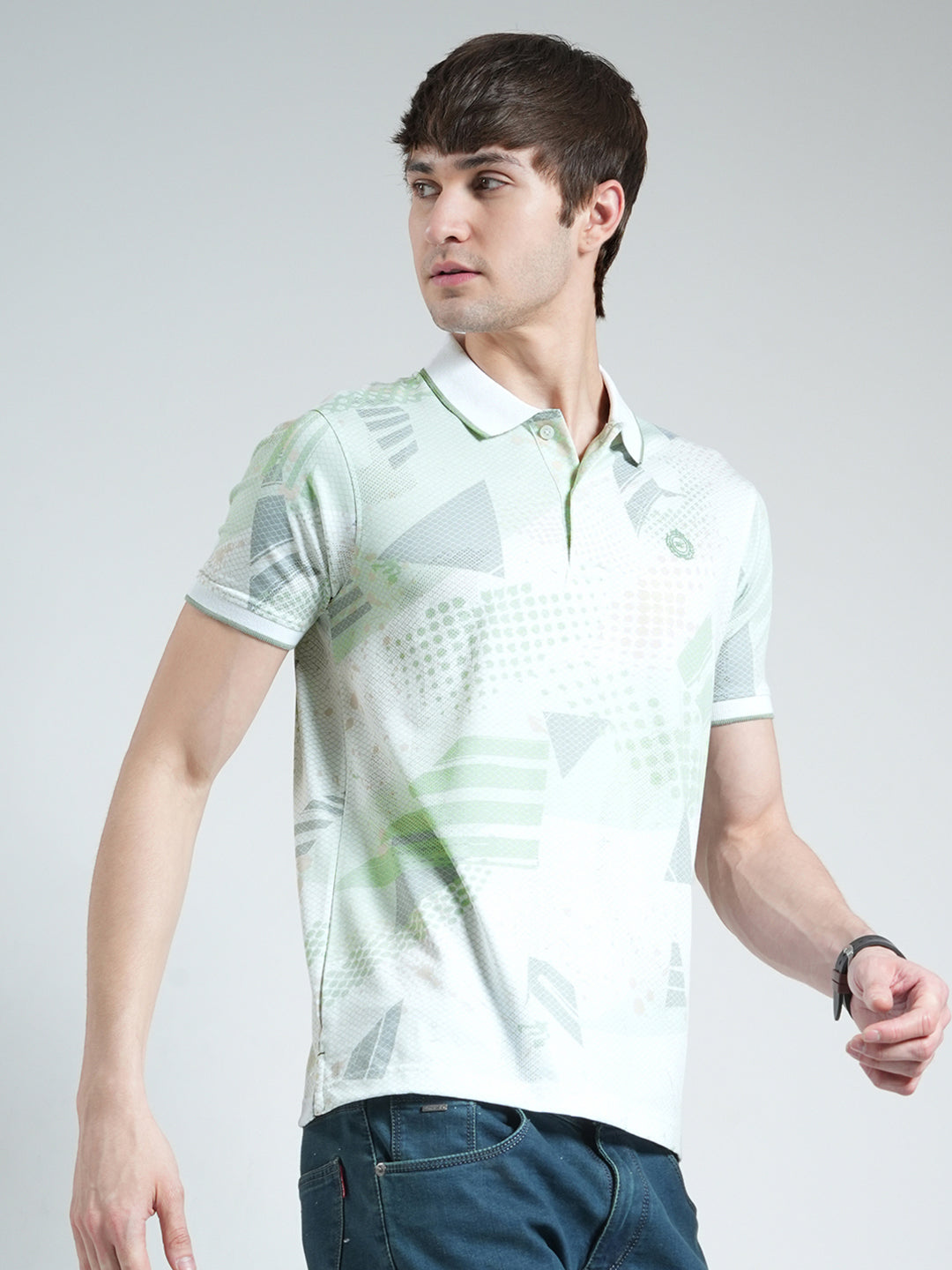 Men Green Printed Collar Half Sleeve T-Shirt