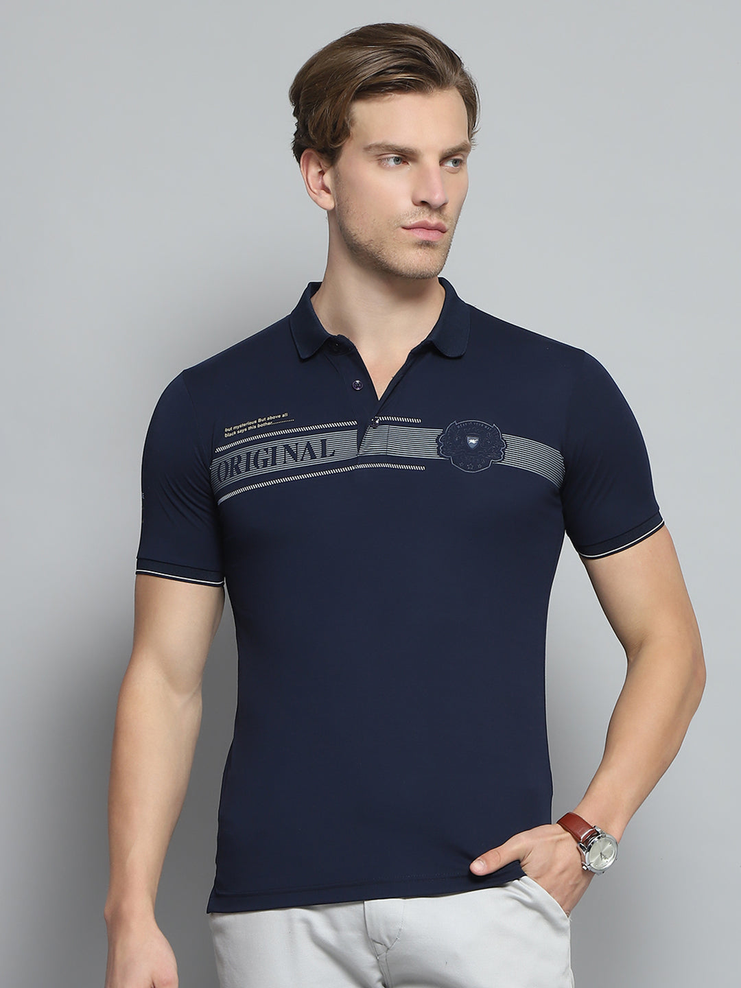 Men Navy Blue Printed Collar Half Sleeve T-Shirt