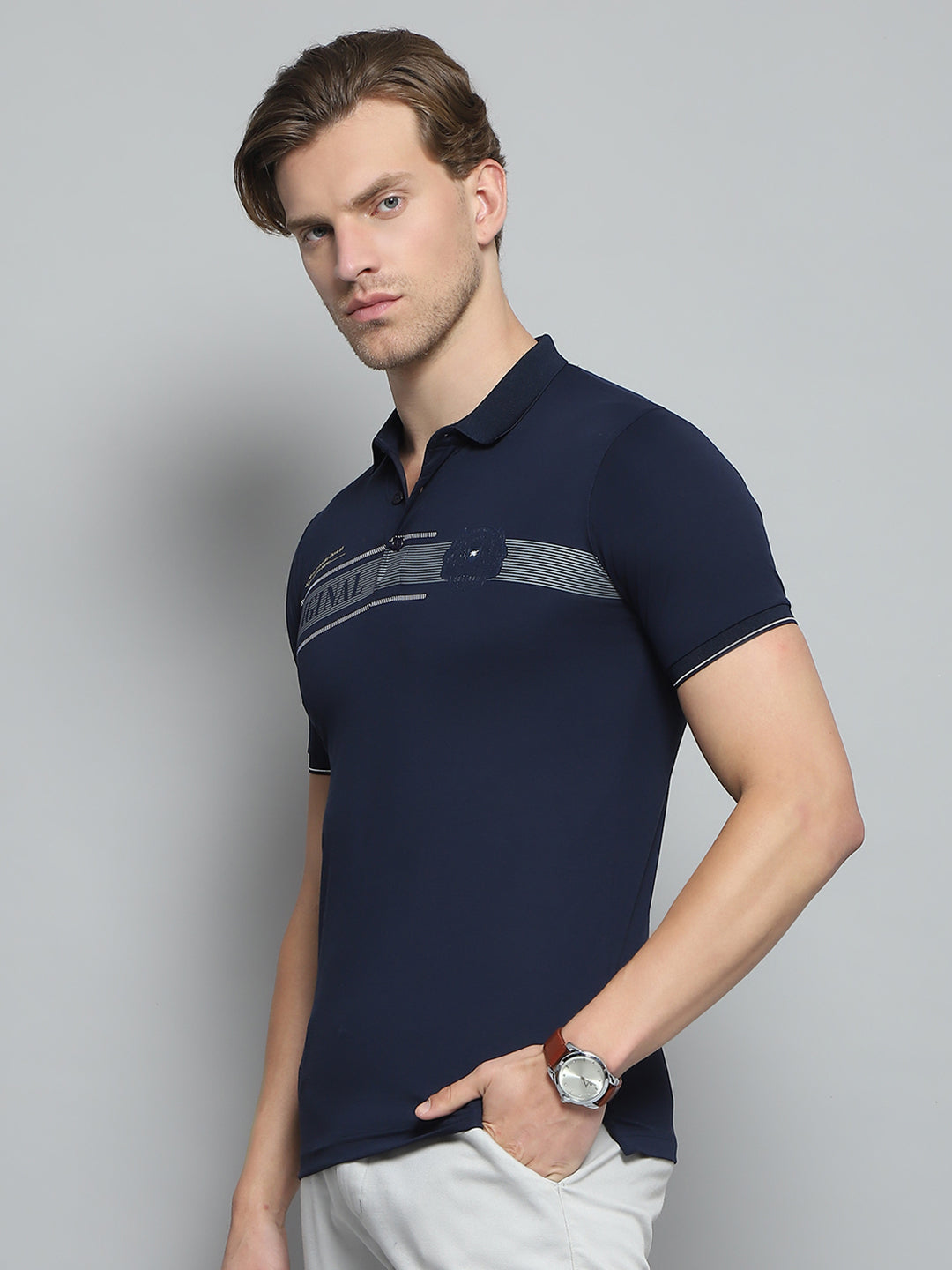 Men Navy Blue Printed Collar Half Sleeve T-Shirt