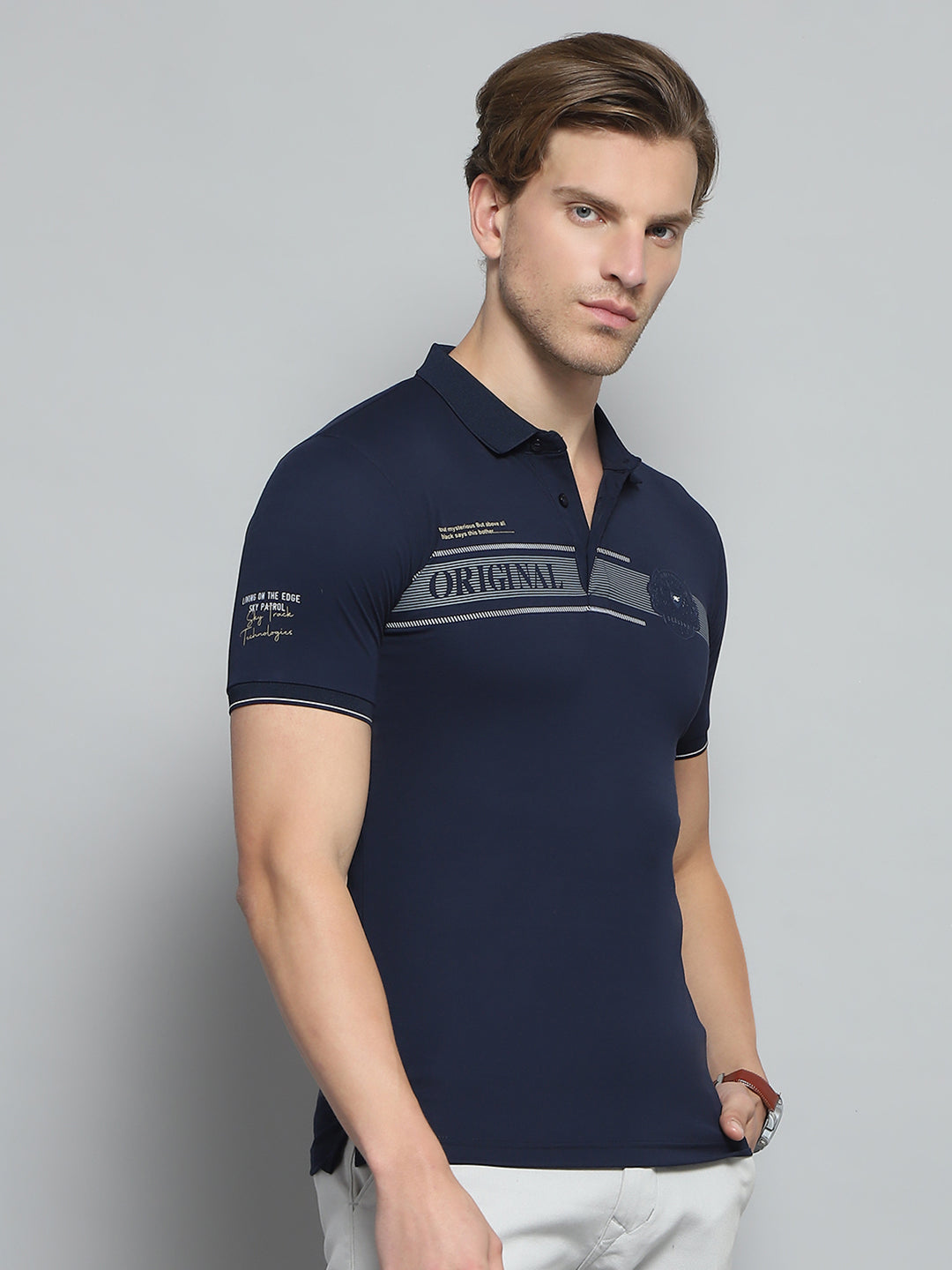 Men Navy Blue Printed Collar Half Sleeve T-Shirt