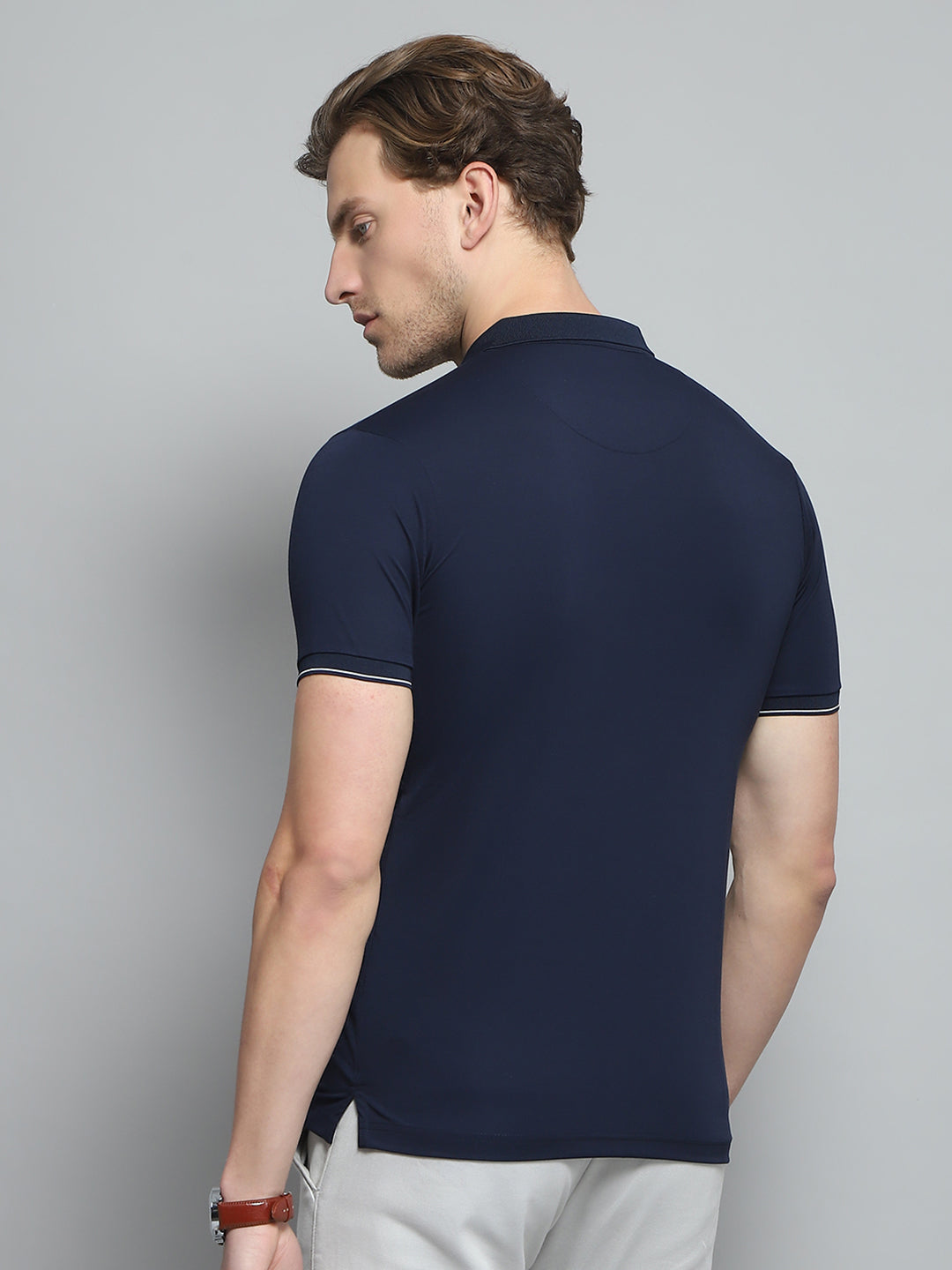 Men Navy Blue Printed Collar Half Sleeve T-Shirt