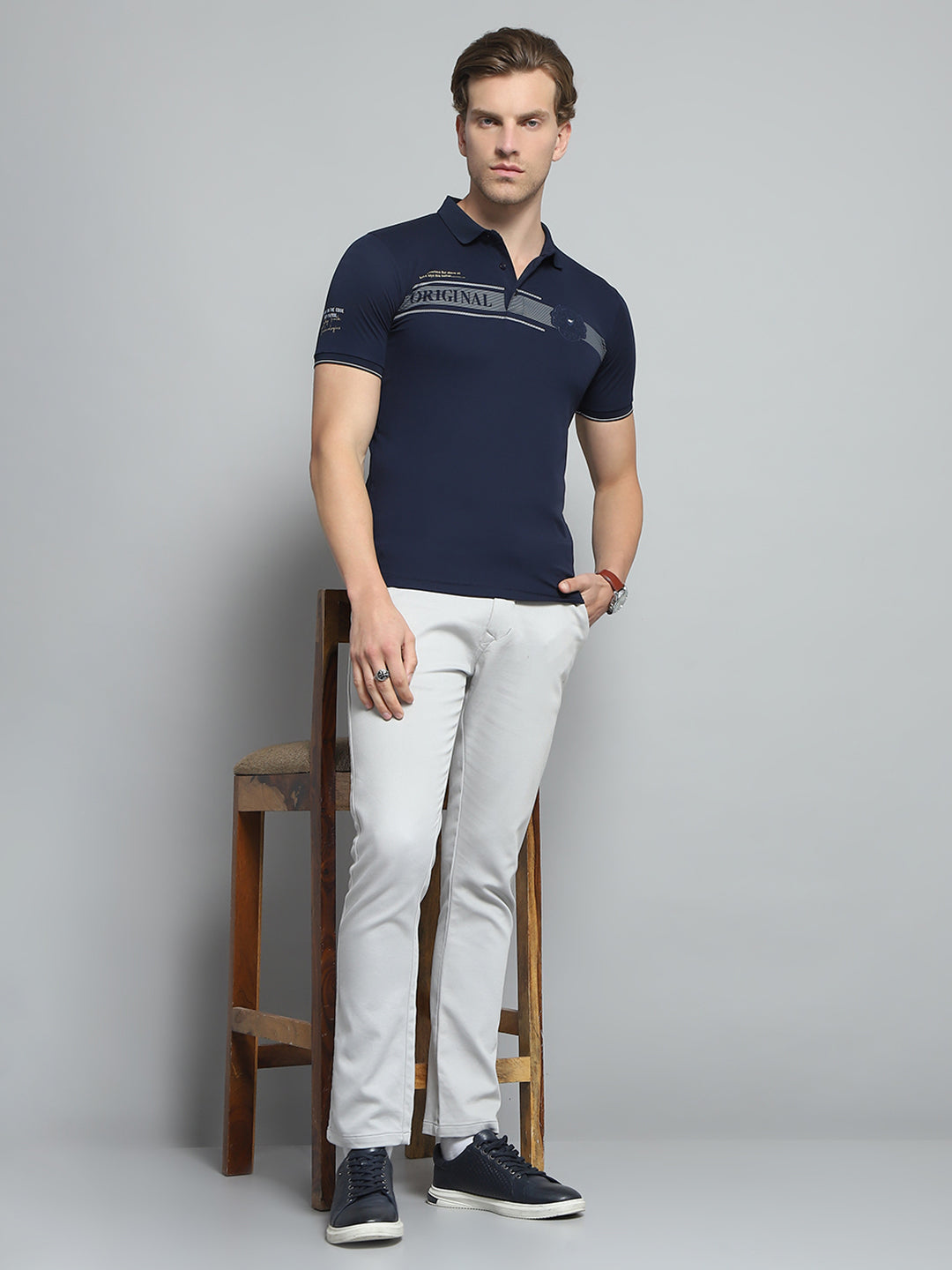 Men Navy Blue Printed Collar Half Sleeve T-Shirt